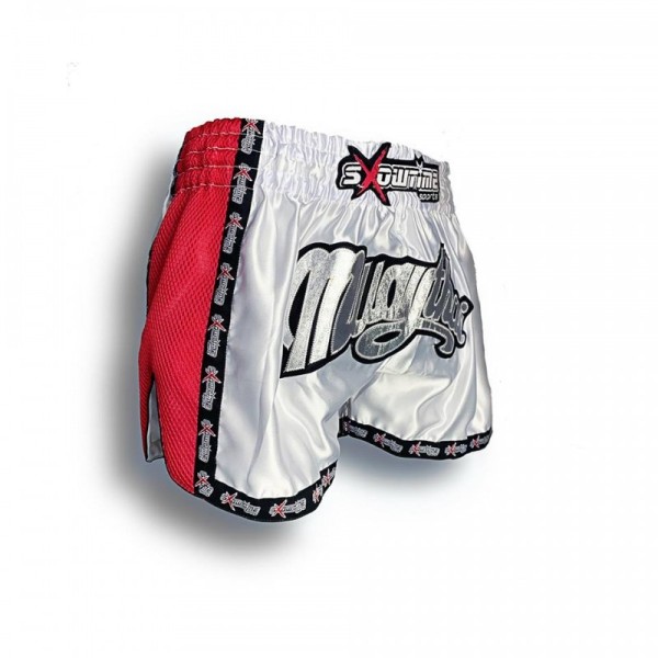 K-1 Thaiboxing Short in Satin &quot;Mesh&quot; in Weiß/Rot