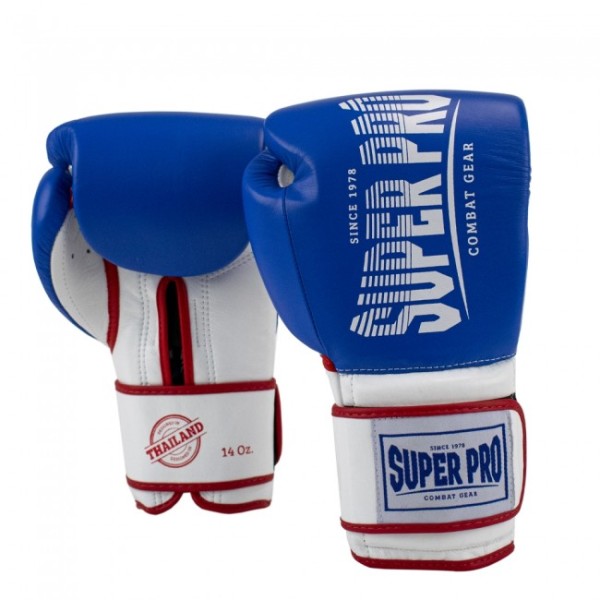 Super Pro Combat Gear Leather Thai Gloves Stripes Blue/White/Red