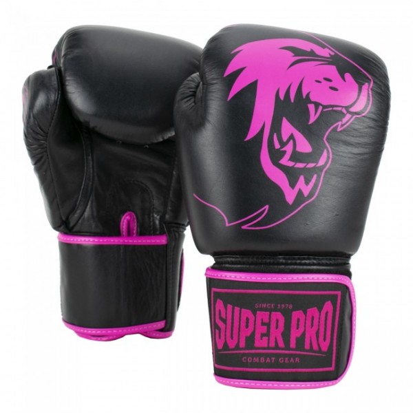 Super Pro Combat Gear Warrior Leder Boxhandschuhe Schwarz/Pink