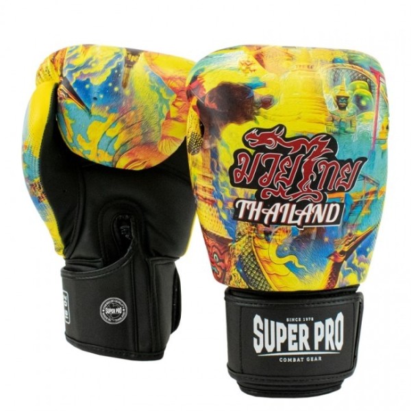 SUPER PRO COMBAT GEAR THAI BOXING GLOVES LEATHER PATTAYA MADE IN THAILAND YELLOW